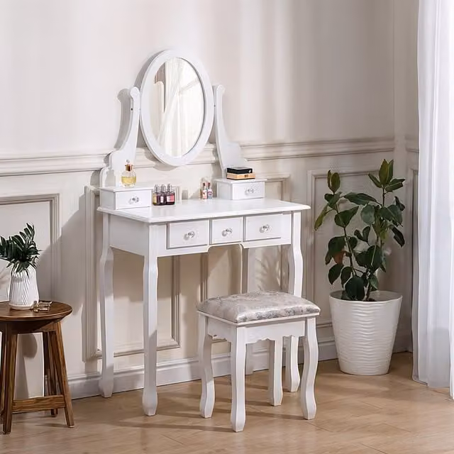 Lifeideas Shabby Chic Wooden Dressing Table with Mirror and Stool in White