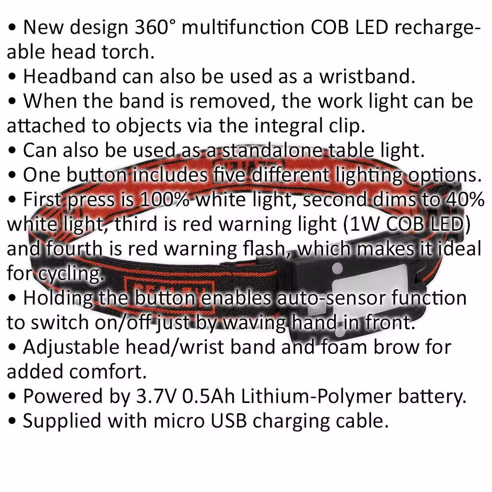 Loops Rechargeable LED Head Torch with Motion Sensor and 2W COB Light in White and Red – 2