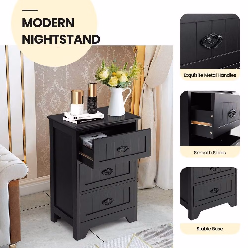 VOGREX Black Vintage Lacquered Wood 3-Drawer Bedside Table – 6