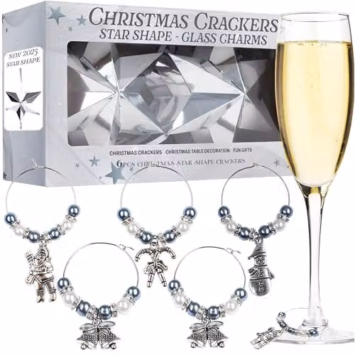 KreativeKraft Luxury Christmas Crackers with Wine Glass Charms and Festive Glass Markers, 6 Pack, Silver Star and Multicolour – 1