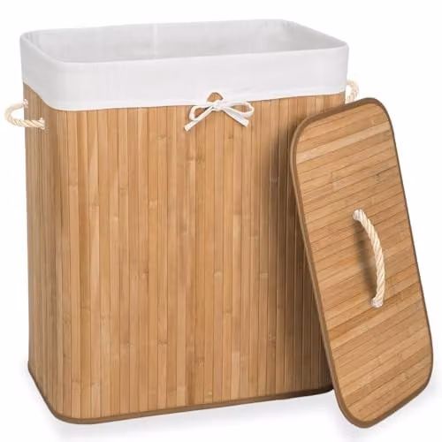 tectake 100L Bamboo Laundry Basket with Lid and Removable Washable Bag, Beige