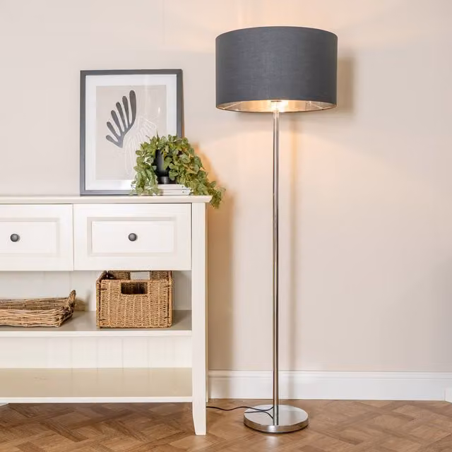 ValueLights Charlie Chrome Floor Lamp with Fabric and Metal Cylinder Shade and Bulb in Grey