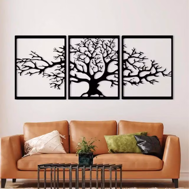 Decortie Platanus Metal Triptych Wall Art, Black Floral Leaves Design, 48 cm