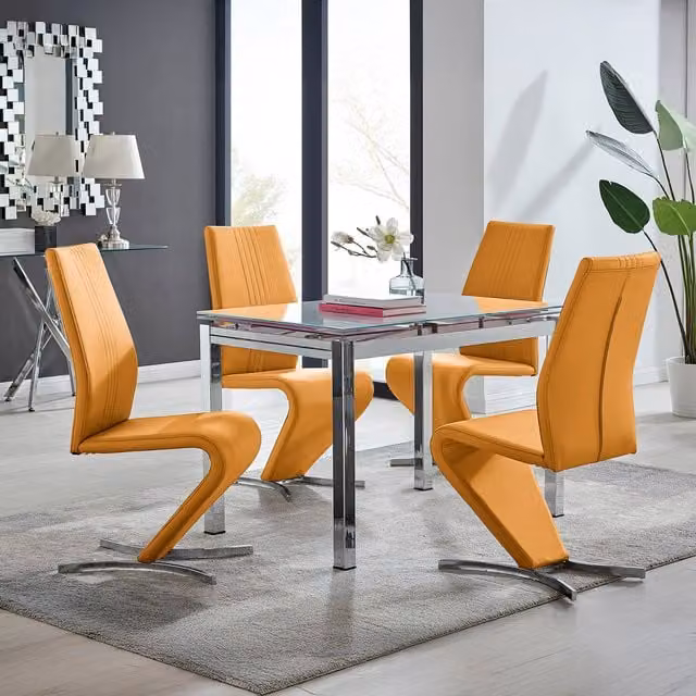 Furniturebox Enna White Glass Extending Dining Table and 4 Willow Chairs in Mustard and Yellow
