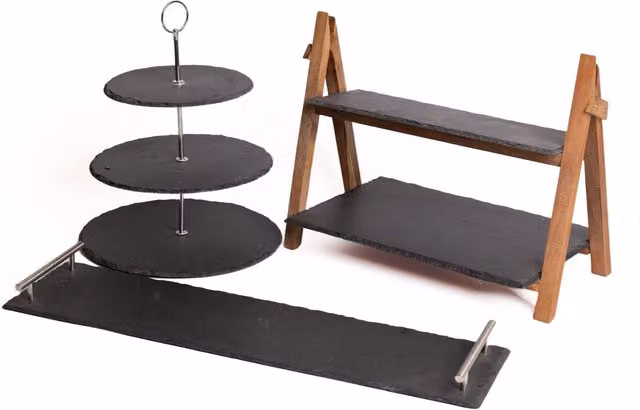Artesa 3-Piece Black Slate and Wood Serveware Set including 3-Tier Serving Stand, Platter and 2-Tier Serving Stand