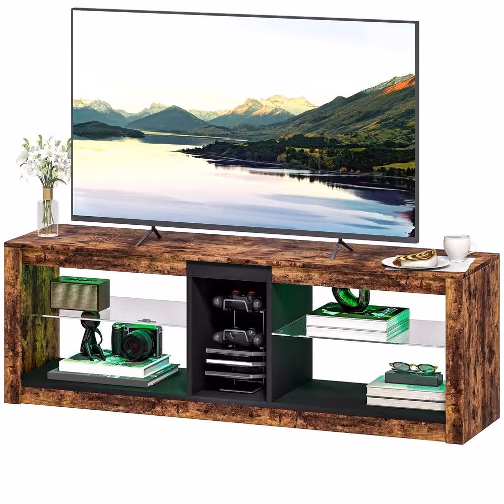 STILVORA Rustic Brown TV Stand with Integrated LED Lighting, Adjustable Shelves and Media Compartments, Width: 140 cm – 5