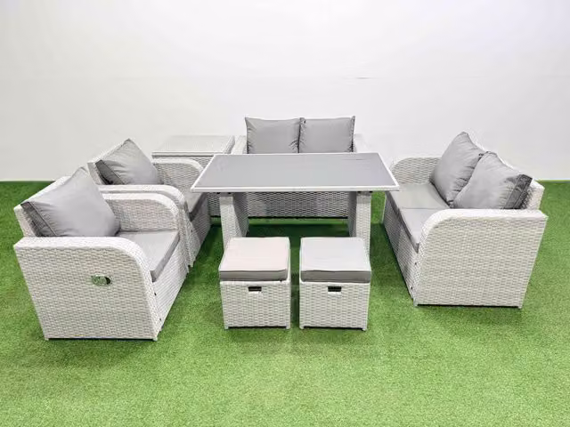 Fimous 8 Piece Rattan Garden Furniture Set with Cushions and 2 Small Stools in Light Grey