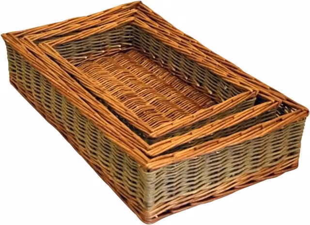 Red Hamper Set of 3 Rectangular Wicker Serving Trays with Handles in Brown and Green