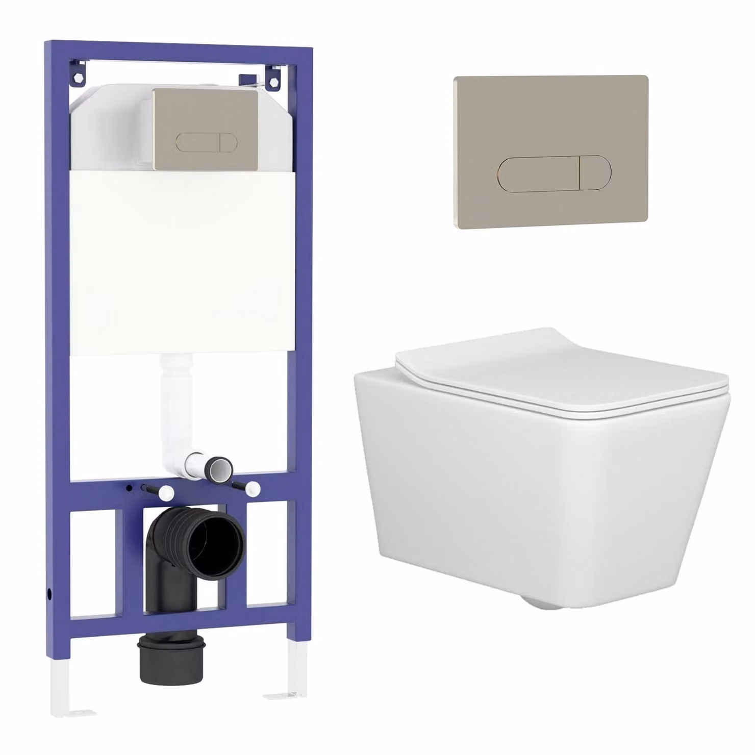 Royal Bathrooms Elena White Ceramic Wall Hung Rimless Toilet with Slim Soft Close Seat and Brushed Nickel Plate Aqua Wall Hung Frame