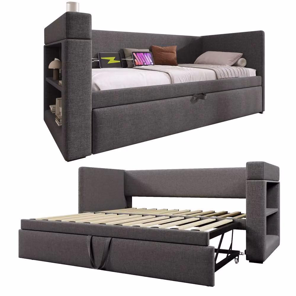STILVORA Single Bed Frame with USB Charging Port and Side Compartments in Grey Fabric, W/D/H: 90 x 190 x 74 cm – 6