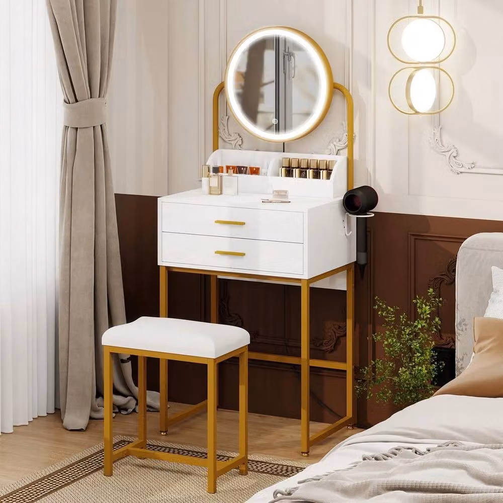 FORGEVIO Modern White Dressing Table Set with 2 Drawers, LED Lighted Hollywood Mirror and Round Stool – 2