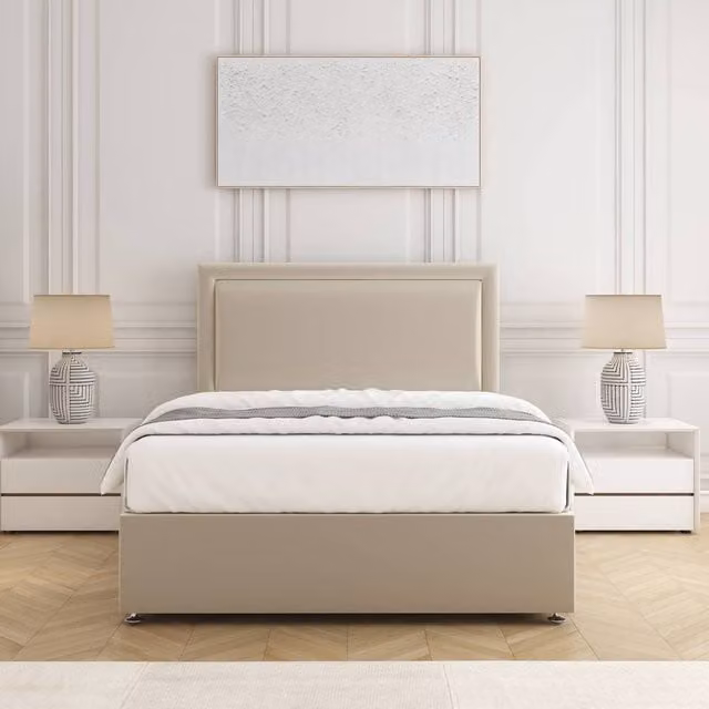 BSSPOKE Ella Divan Bed Set with 24 inch Headboard and Mattress in Beige Plush Velvet, W/D/H: 140 x 200 cm