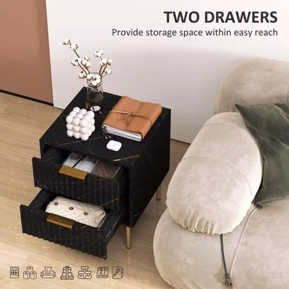 EONLION Modern Black and Gold Bedside Table with 2 Drawers and Abstract Marble Pattern, Width: 100 cm – 3