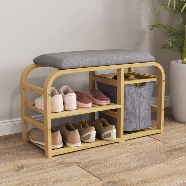 HOMCOM Modern Bamboo Shoe Rack Bench with Beige Fabric Seat for Hallway and Entryway