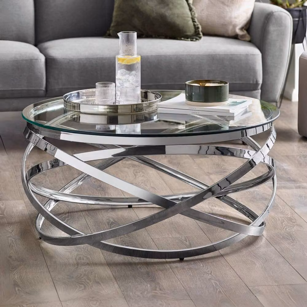 Cheshire Viennese Round Glass Coffee Table in Silver and Transparent – 2