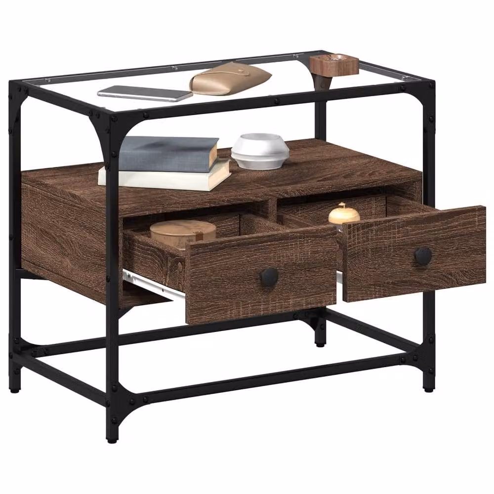 Berkfield Home Industrial TV Cabinet with Glass Top in Brown Oak, W/D/H: 60 x 35 x 51 cm – 2