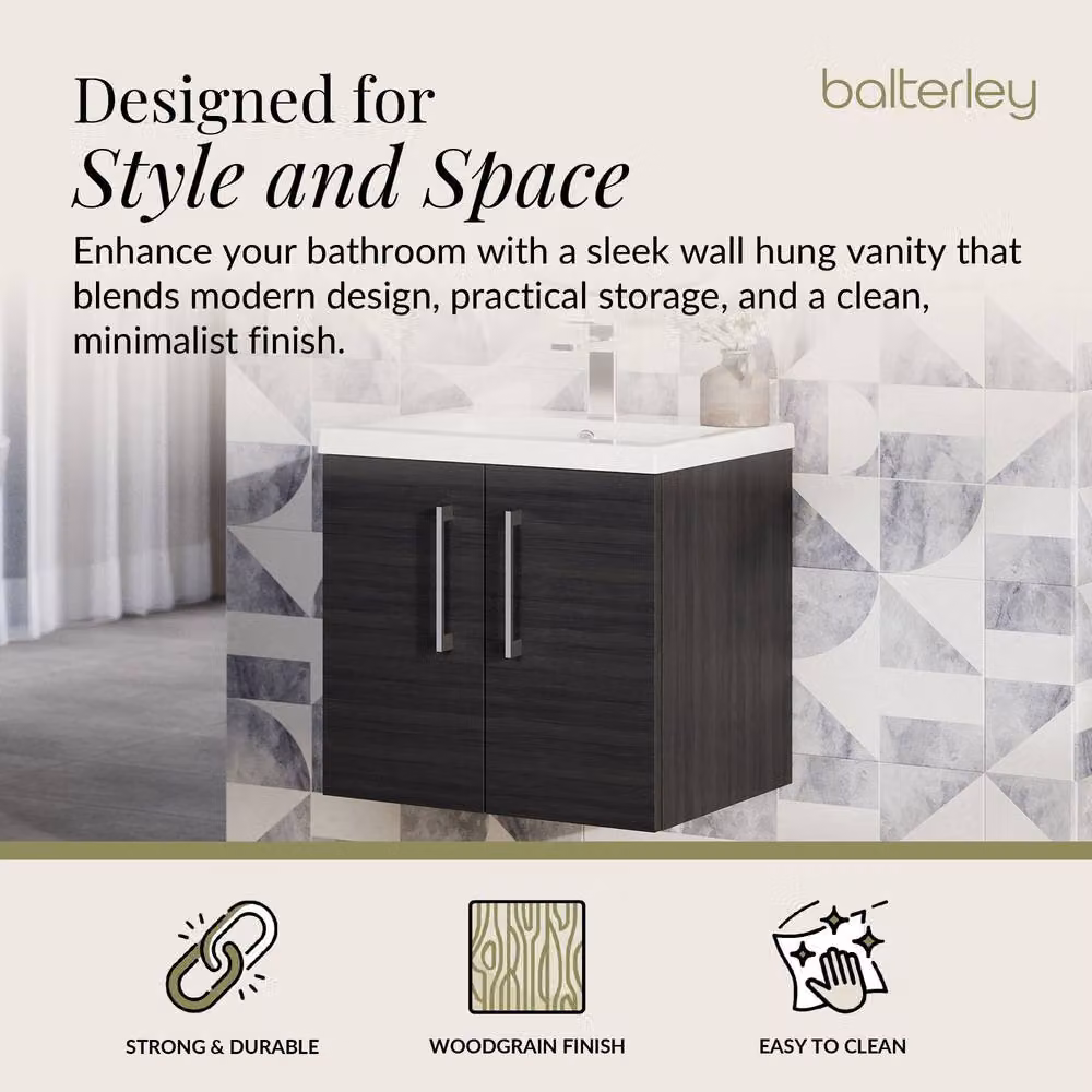 Balterley Contemporary Wall Hung Bathroom Vanity Unit with Mid-Edge Basin, Charcoal Black, W: 61.0 cm, D: 39.0 cm, H: 57.9 cm – 2