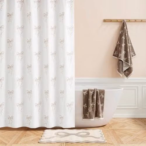 OHS Bow Print Waterproof and Mould Resistant Polyester Shower Curtain in Beige, Sand and White, W/H: 180 x 180 cm