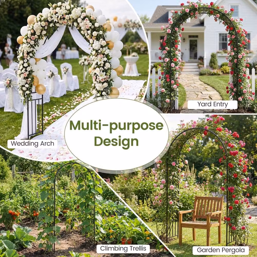 Costway Metal Garden Arbor and Wedding Arch in Black with 8 Ground Stakes – 6