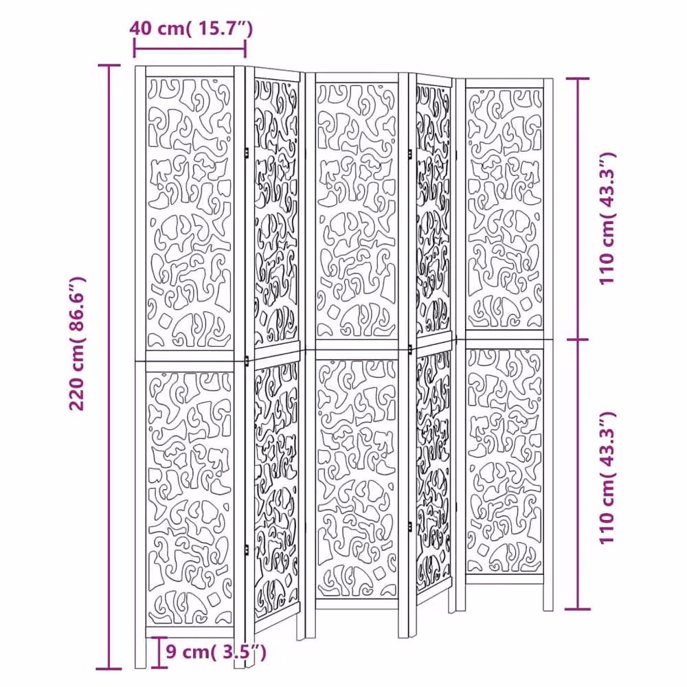 Berkfield Home 5 Panel Room Divider in Black Solid Paulownia Wood – 2