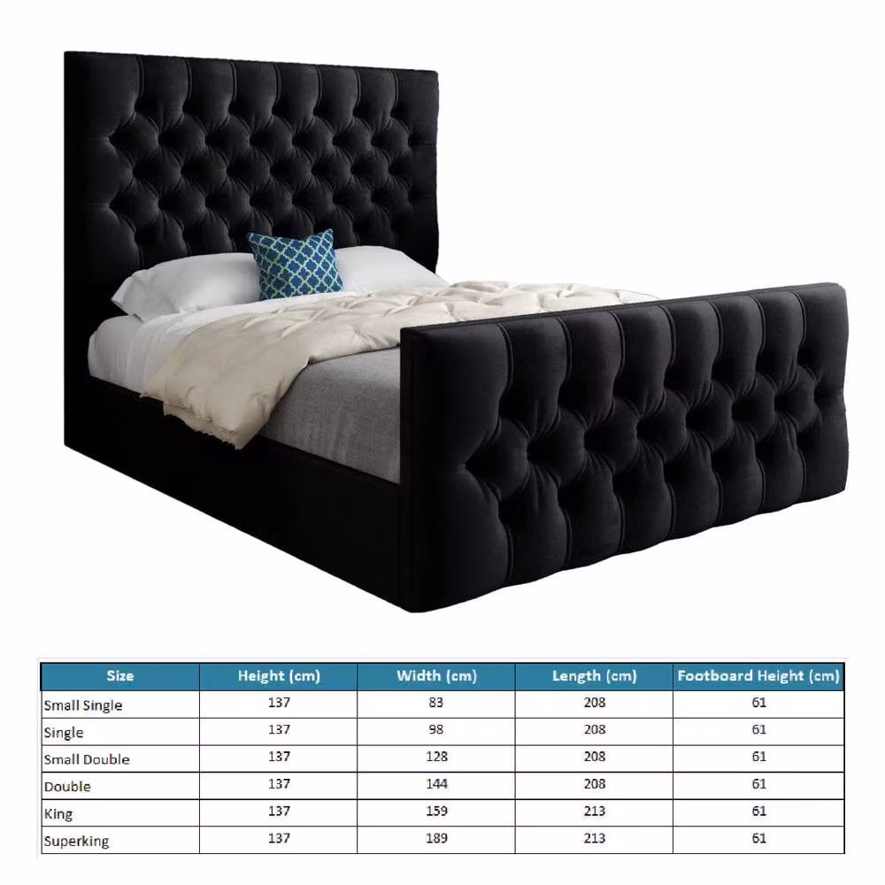 KDMD Workington Chesterfield Upholstered Black Soft Velvet Designer Bed Frame, W/D/H: 90 x 200 cm – 5