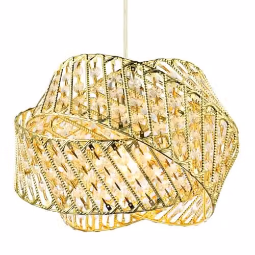 Happy Homewares Modern Triple Ring Shiny Gold Metal Pendant Light Shade with Clear Acrylic Beads W/D/H: 21 x 21 x 30 cm – 1