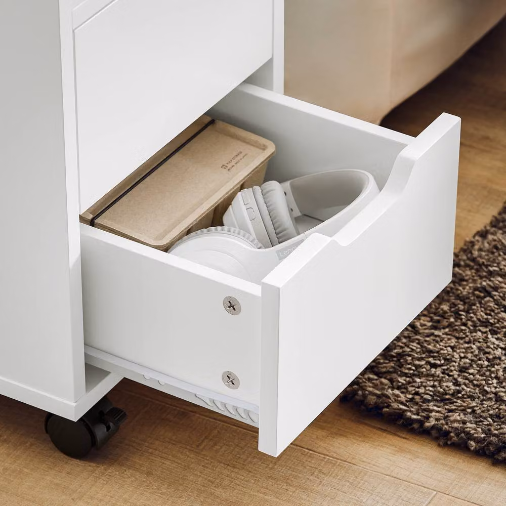 SoBuy Modern Mobile Storage Cabinet with Wood-Top and Castors in White – 3