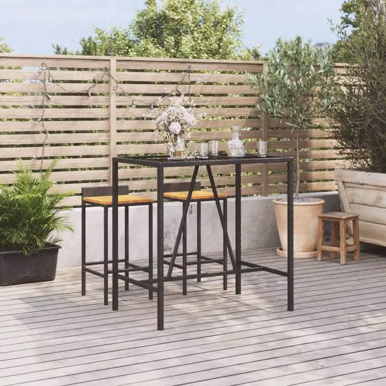 Berkfield Home Bar Table with Glass Top in Black Poly Rattan, W/D/H: 70 x 110 x 110 cm
