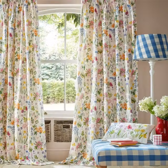 Bluebellgray Spring Floral Semi-Transparent Pencil Pleat Curtains in Blue, White and Multicolour
