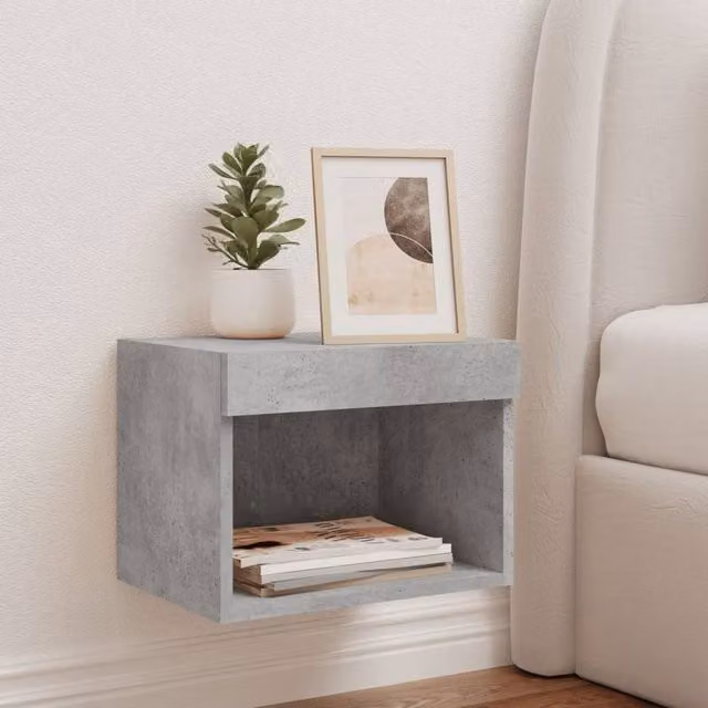 Berkfield Home Wall-mounted Decorative Bedside Cabinet with Integrated LED Lights in Matt Concrete Grey, W/D/H: 30 x 30 x 30 cm
