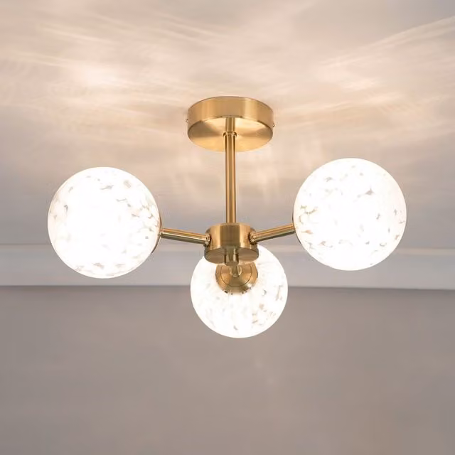 ValueLights India White Confetti Glass 3 Way Flush Ceiling Light with LED Bulbs in Gold/Brass