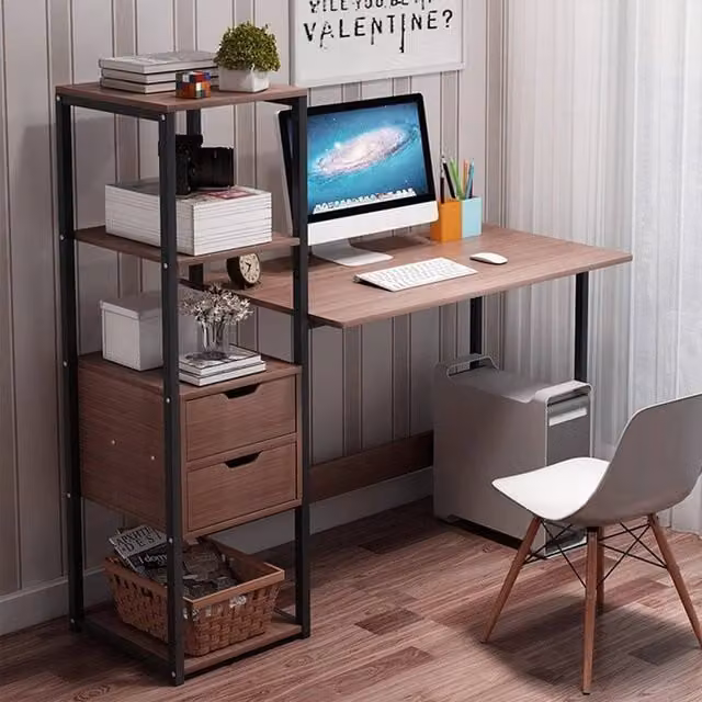 FORGEVIO Brown Corner Computer Desk with Storage Shelf and Drawer for Home Office, W/D/H: 110 x 110 x 40 cm – 1