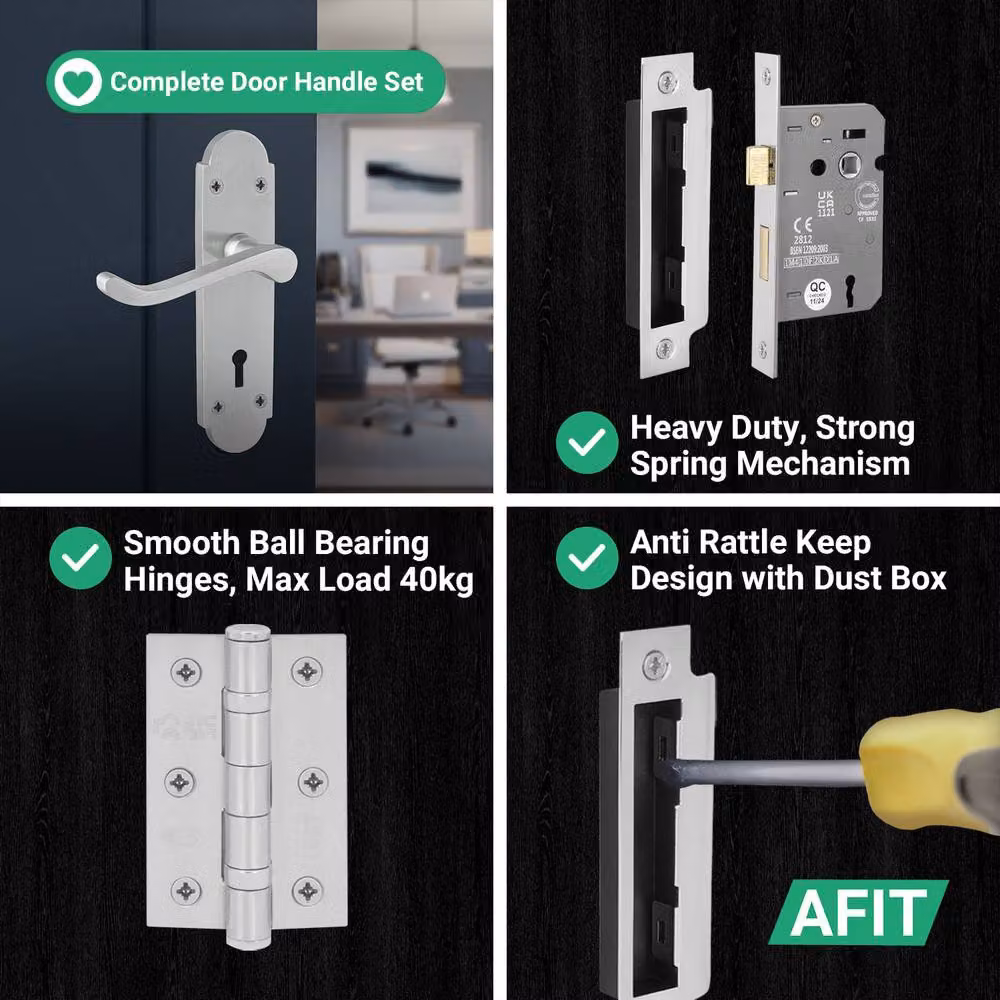 AFIT Satin Chrome Door Handle Lock Set with Silver Hinges and Matt Steel Backplates, Size: 150mm x 150mm – 2