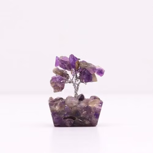 Thunder Tribes KDMD Mini Amethyst Crystal Energy Tree with Orgonite and Wood Base in Purple