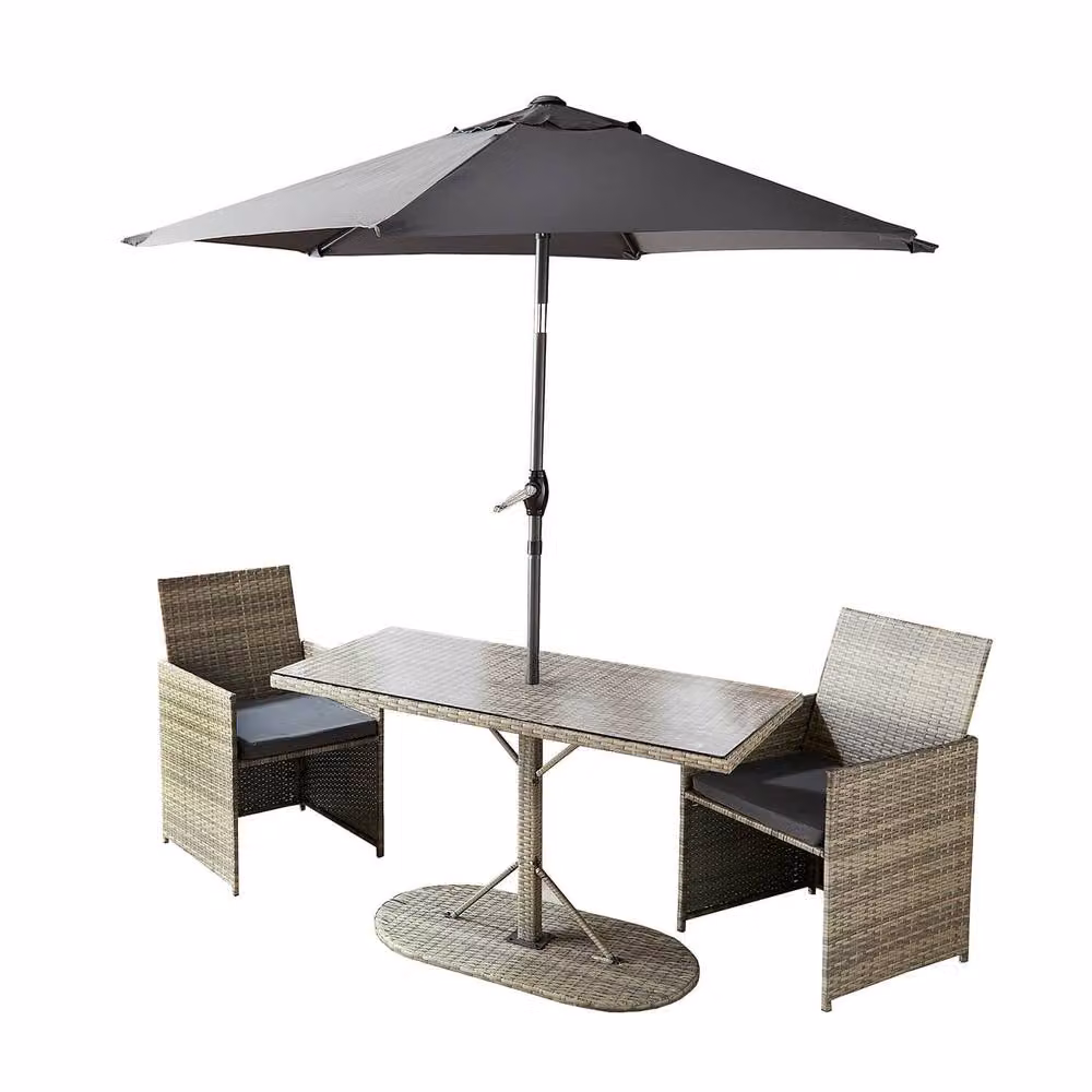 Coopers of Stortford Grey Multicolour Weatherproof PE Rattan Bistro Set with Glass Table, Chairs and Parasol – 2