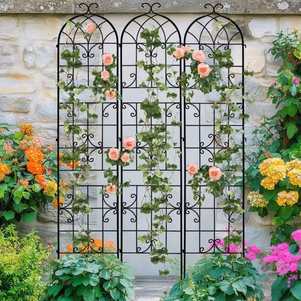 FLAVORA Heavy Duty Metal Garden Trellis Set of 3 Black Arch Top Panels for Climbers and Ornamental Support, H: 220 cm, W: 100 cm, D: 15 cm – 3