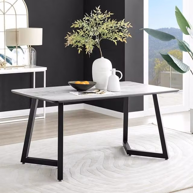 FurnitureboxUK Carson 160cm White Marble Effect Rectangular Dining Table with Black Metal Legs