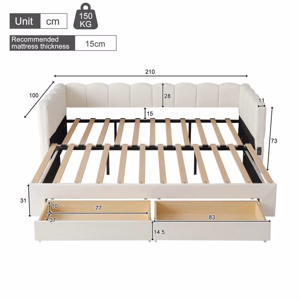 STILVORA Beige Upholstered Single Daybed with Pull-Out Bed, Drawers and USB Charging Port, W/D/H: 190 x 90 cm – 3