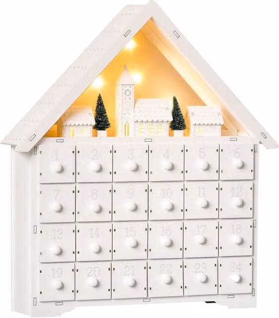 HOMCOM 24-Drawer Wooden Christmas Advent Calendar with Lights, White, W/D/H: 42 x 39 x 9 cm