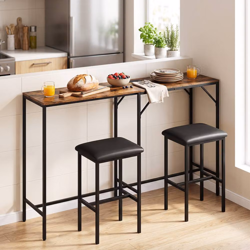 Gymax 3-Piece L-Shaped Bar Table and Chair Set in Brown – 3