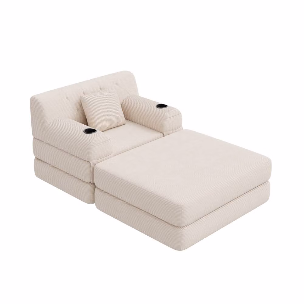 STILVORA Modern Beige Fabric Sleeper Chair with Cup Holders, Storage Pockets and Armrests – 2