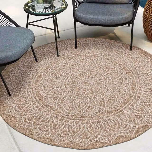 Desire Rugs Modern Harper Floral Round Machine Woven Outdoor-Indoor Waterproof Rug in Beige and White