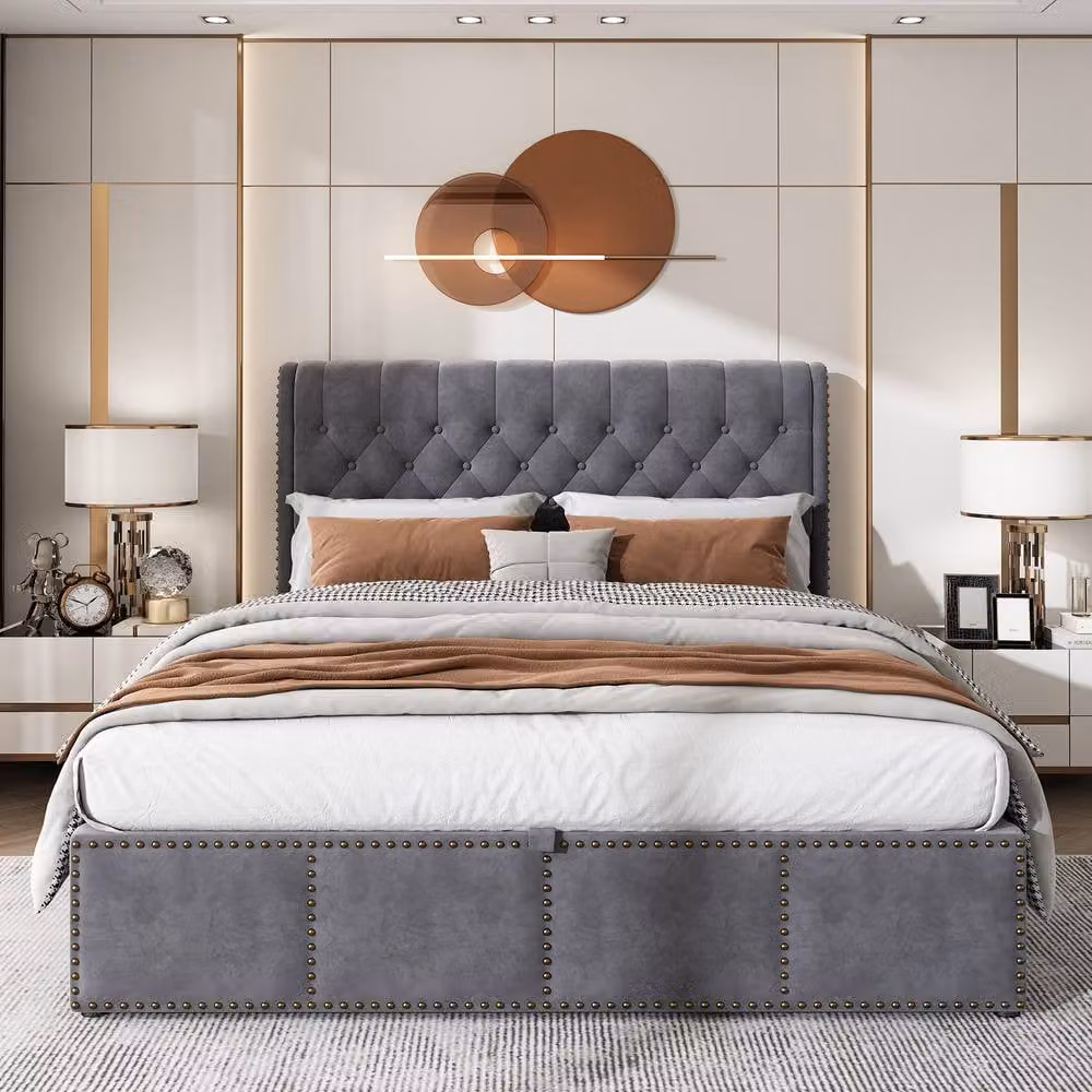ModernLuxe Upholstered Double Bed with Hydraulic Lift-Up Storage in Grey, W/D/H: 140 x 200 cm – 2