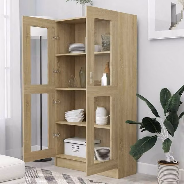 Berkfield Home Vitrine Cabinet in Sonoma Oak with Glass Doors, W/D/H: 82.5 x 30.5 x 150 cm