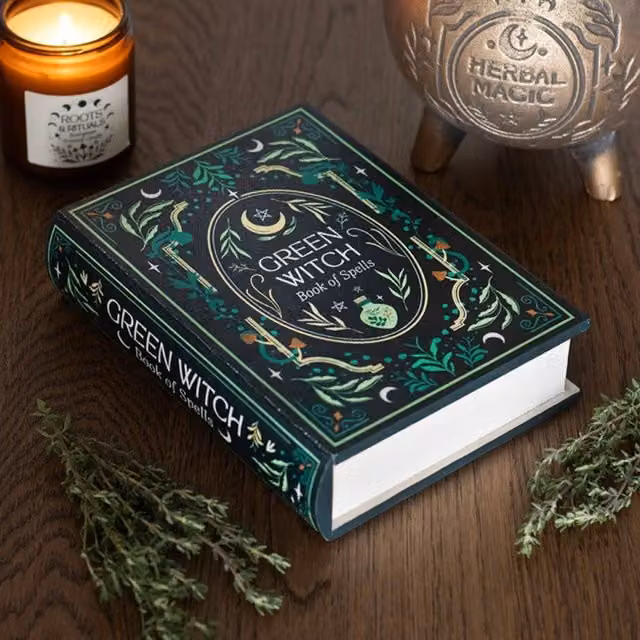KDMK Witch Grimoire Book Storage Box and Hidden Trinket Holder in Green Wood