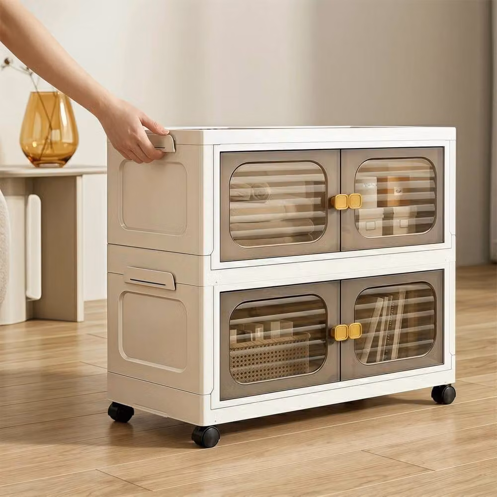 Kelvenix 2-Tier Stackable and Foldable Plastic Storage Cabinet with Wheels in Cream/Beige – 2