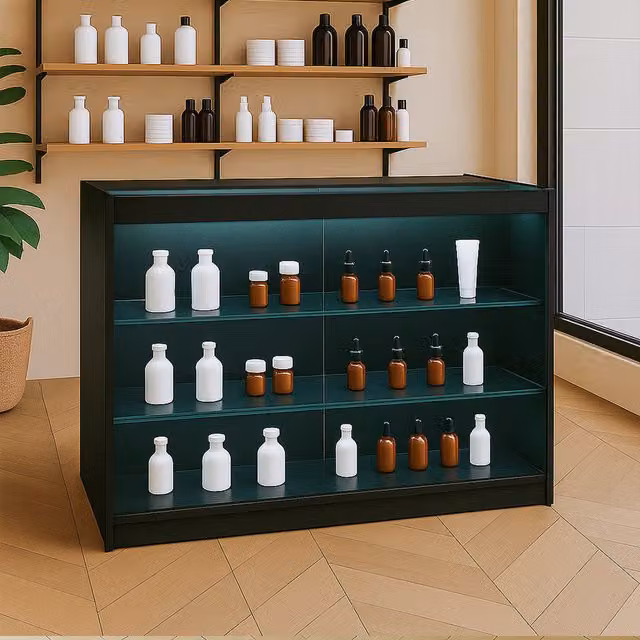 Monster Shop K1200 LED Shop Counter in Black with Glass Doors and Integrated Lighting