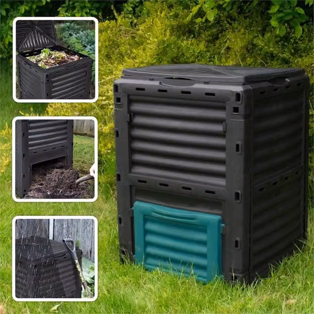 VOGREX 300L Garden Compost Converter Bin with Flip Lid, Black, W/D/H: 120 x 82.5 x 60.5 cm