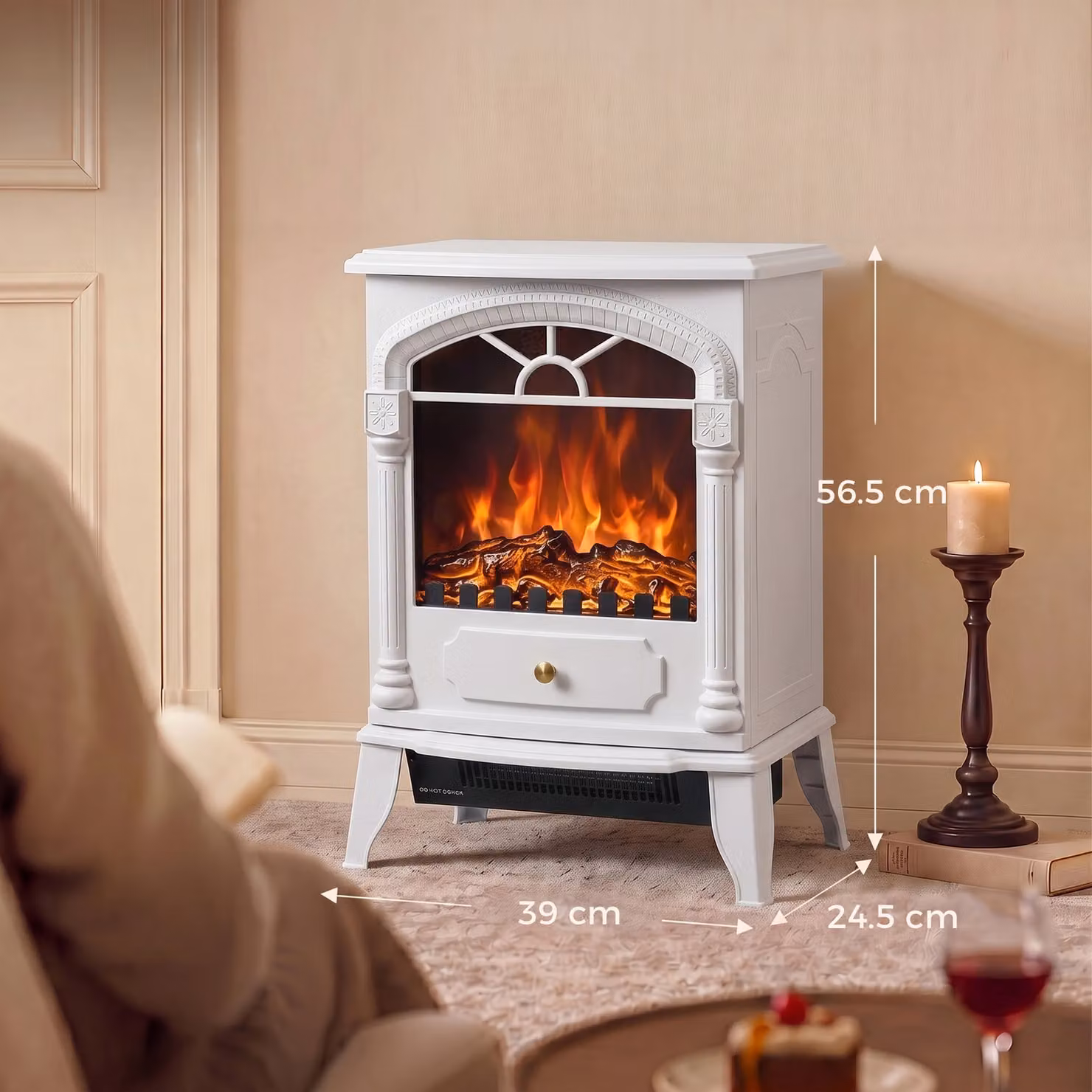 HOMCOM Freestanding Portable Electric Fireplace Stove Heater with 3D Flame Effect and Adjustable Thermostat, White – 3