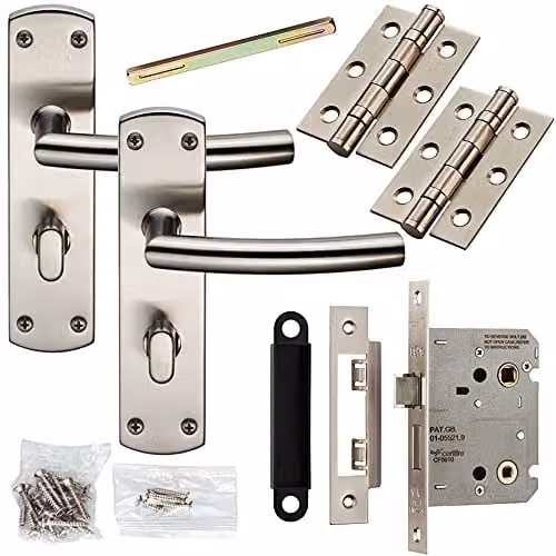 Loops Door Handle and Bathroom Lock Pack in Brushed Satin Steel Silver